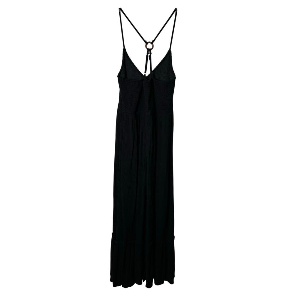 Almost Famous Black Sleeveless V-Neck Tiered Maxi Dress with Wood Ring Back Sz L